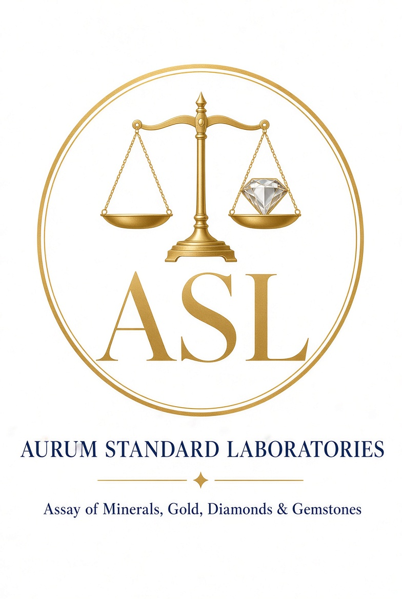 Original Aurum Standard Laboratories logo: gold balance scales and diamond above ASL and the company name